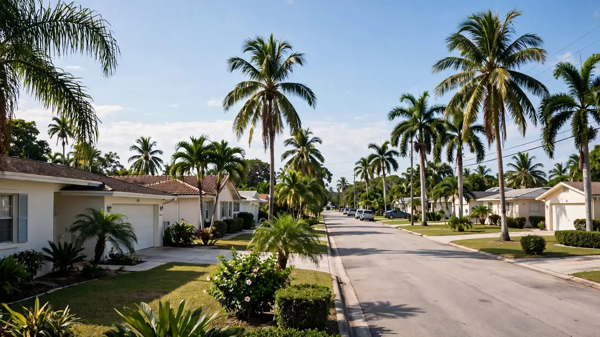 Quiet suburban street with ranch homes and palm trees in Alandco, Hollywood FL