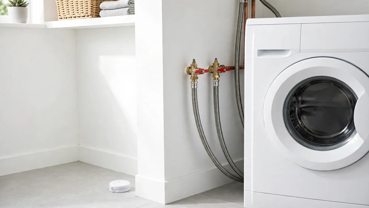 Braided washing machine supply hoses connected to red shutoff valves beside a washer, with a water leak detector on the floor