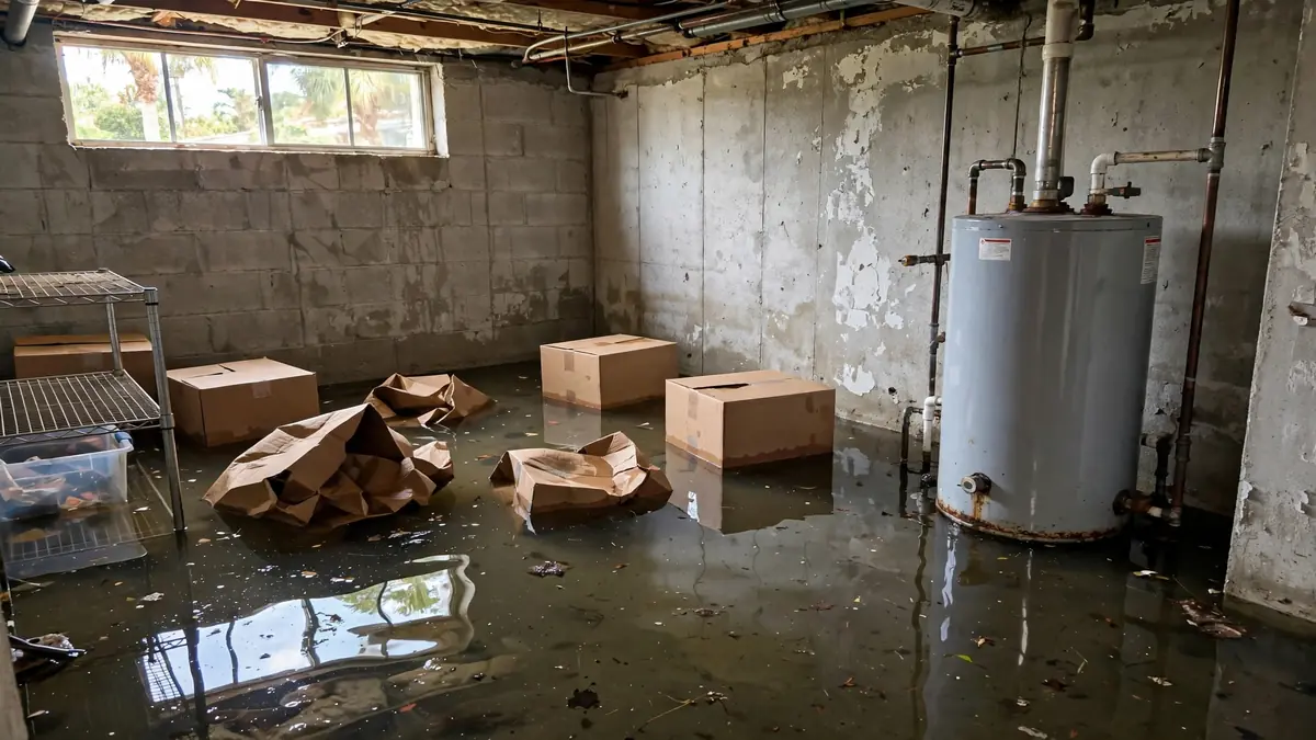 Flooded basement with standing water around stored boxes in a Hollywood FL home