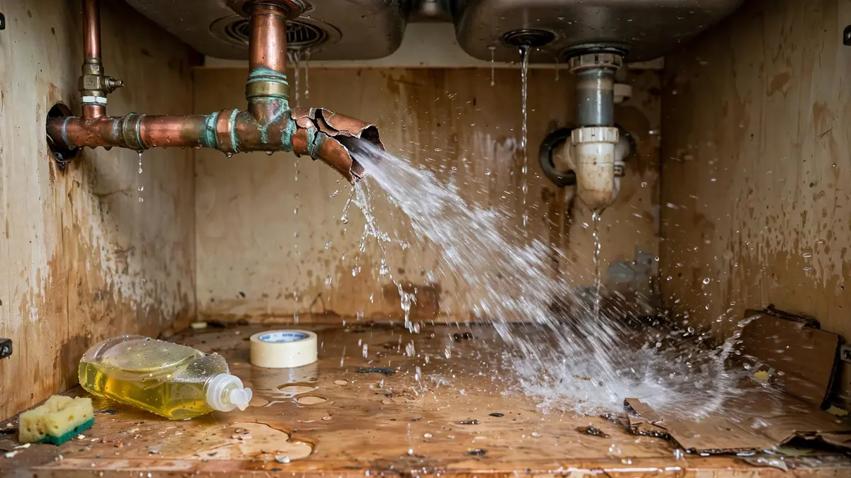 Burst copper pipe spraying water under a kitchen sink