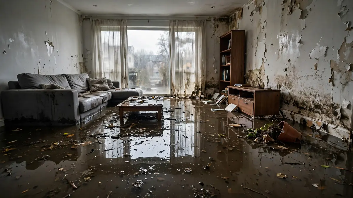 Murky standing floodwater covering a living room floor after water damage