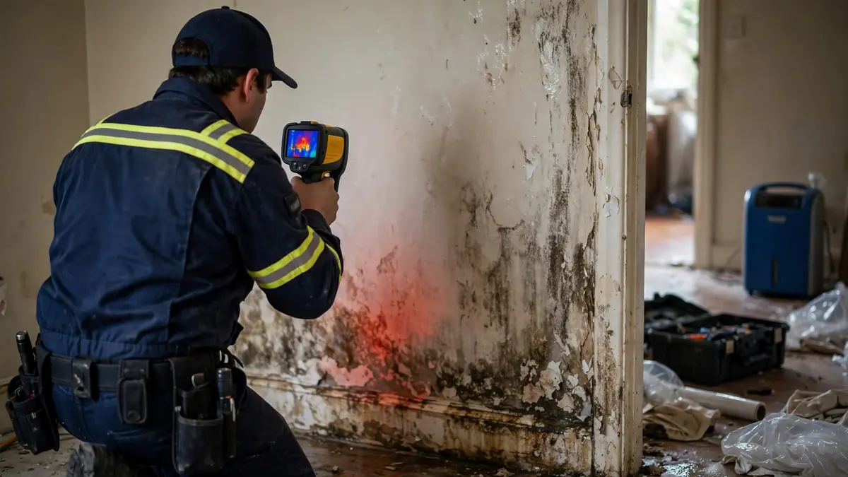 Water damage technician using a thermal imaging camera on a damp wall