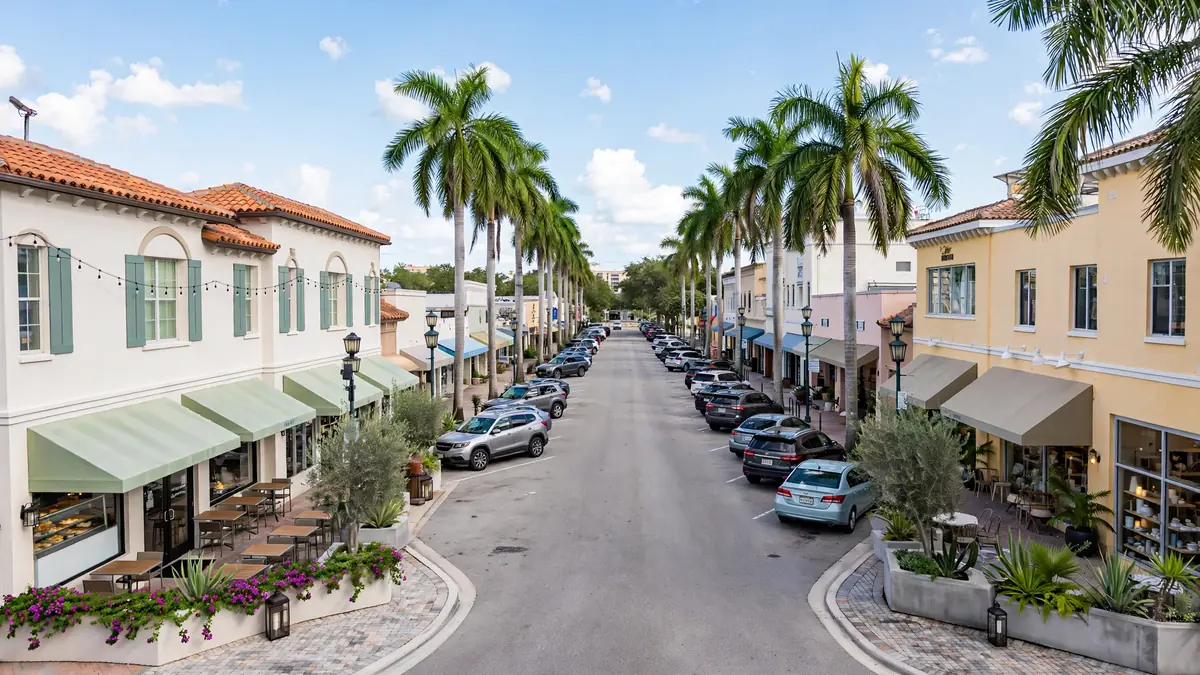 Downtown Hollywood streetscape with cafes and shops, Hollywood FL