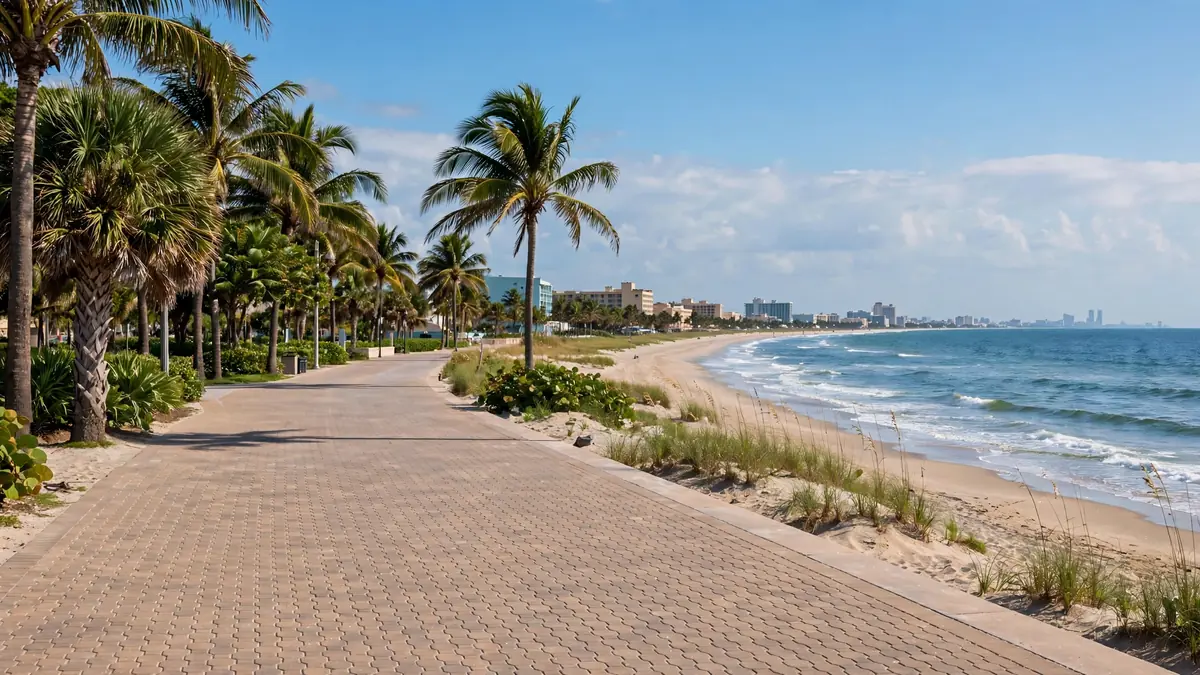 Hollywood Beach Broadwalk with palms and ocean, Hollywood FL