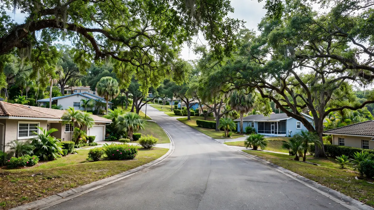 Tree-lined suburban street in Hollywood Hills, Hollywood FL