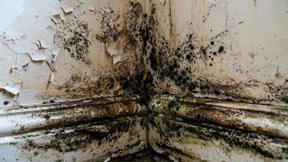 Dark mold growth spreading on a damp wall corner after water damage