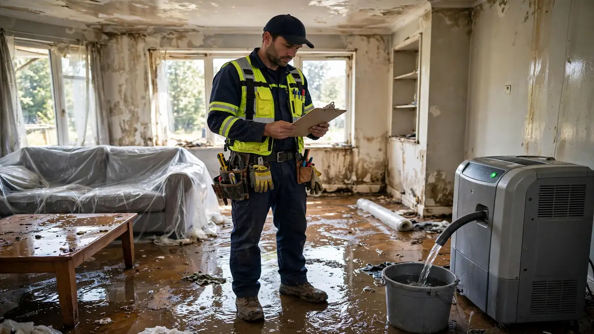 Contractor reviewing a water damage restoration estimate inside a water-damaged Hollywood FL living room