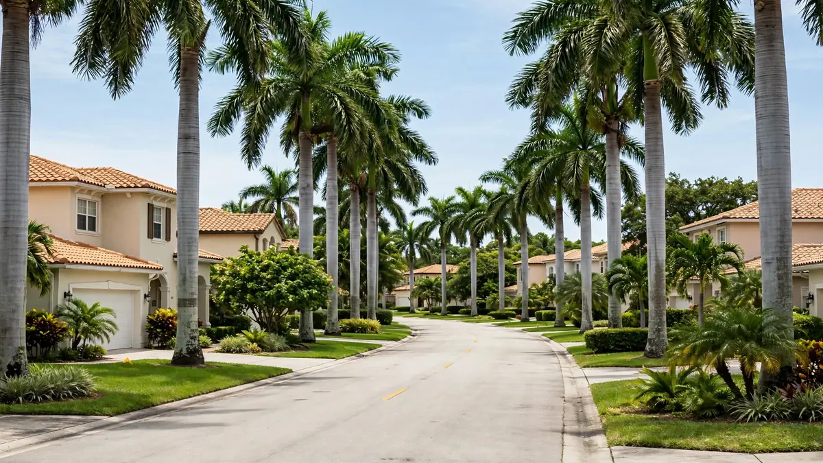 Residential street with royal palms in Liberia, Hollywood FL