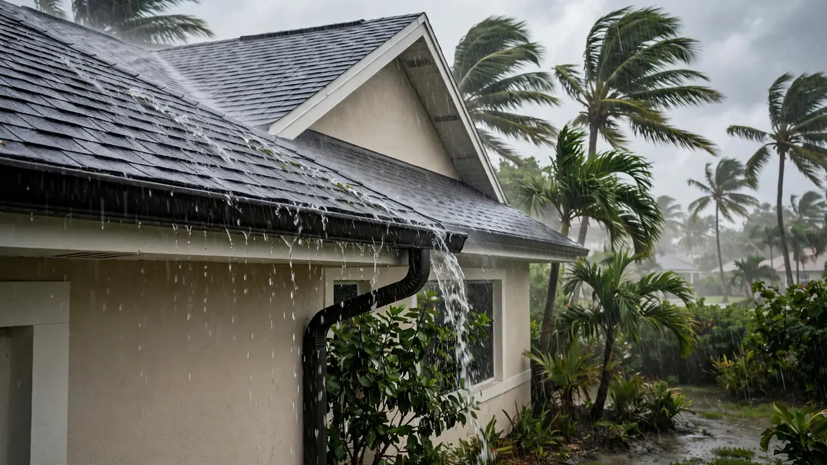 Heavy tropical rain falling on a Florida home roof during storm season