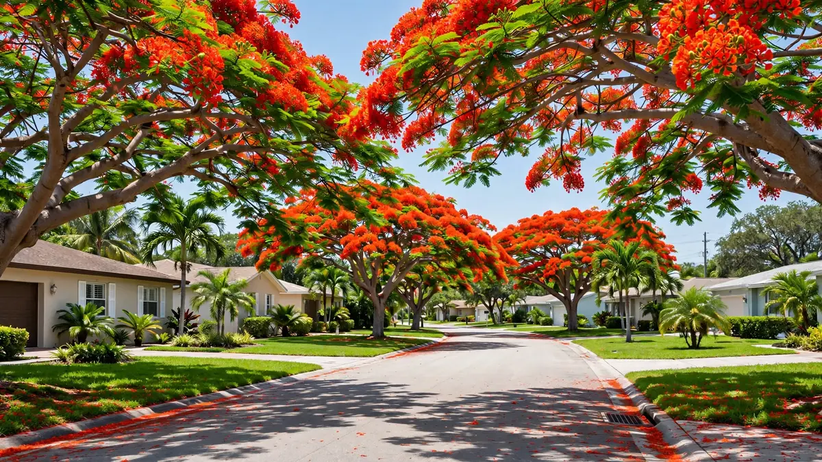 Royal poinciana trees in bloom along a Hollywood FL street