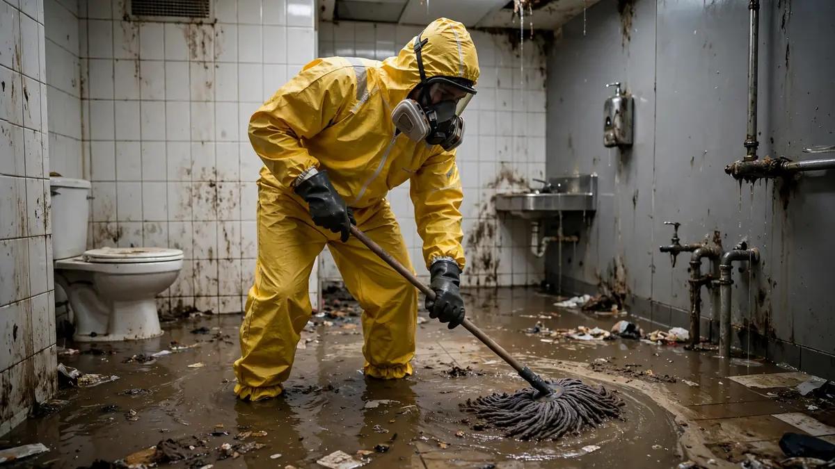 Cleanup worker in protective gear handling sewage backup cleanup