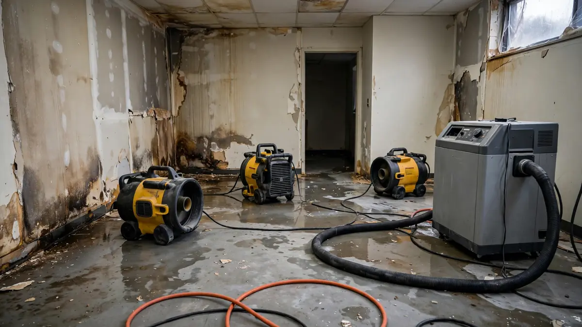 Industrial air movers and dehumidifier drying a water-damaged room