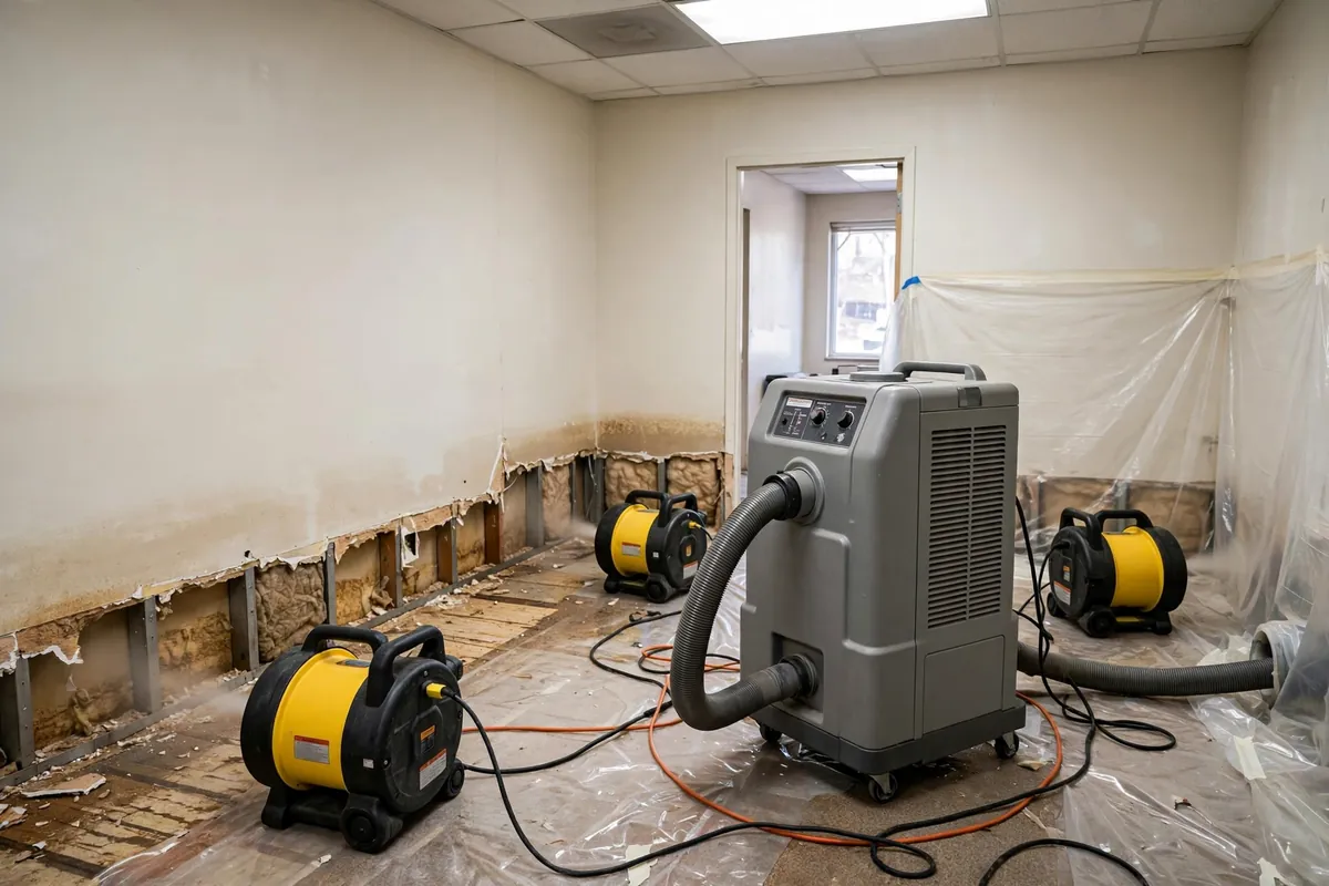 Industrial air movers and dehumidifier drying a water-damaged room in Hollywood, FL