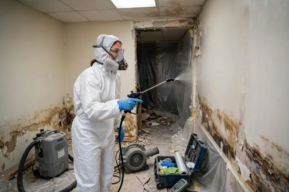 Technician in protective gear spraying antimicrobial treatment on walls after water damage