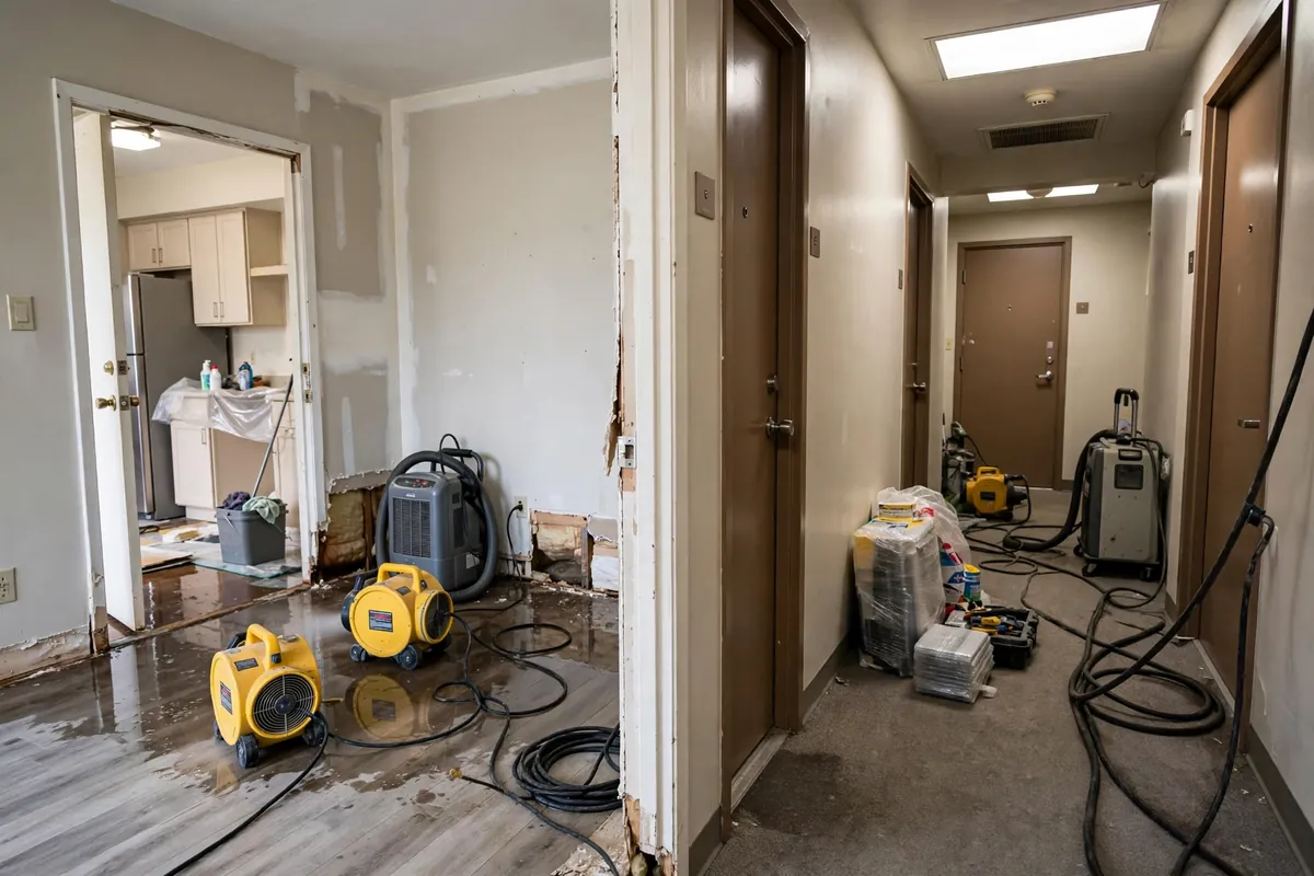 Water damage restoration in progress inside an apartment unit with drying equipment