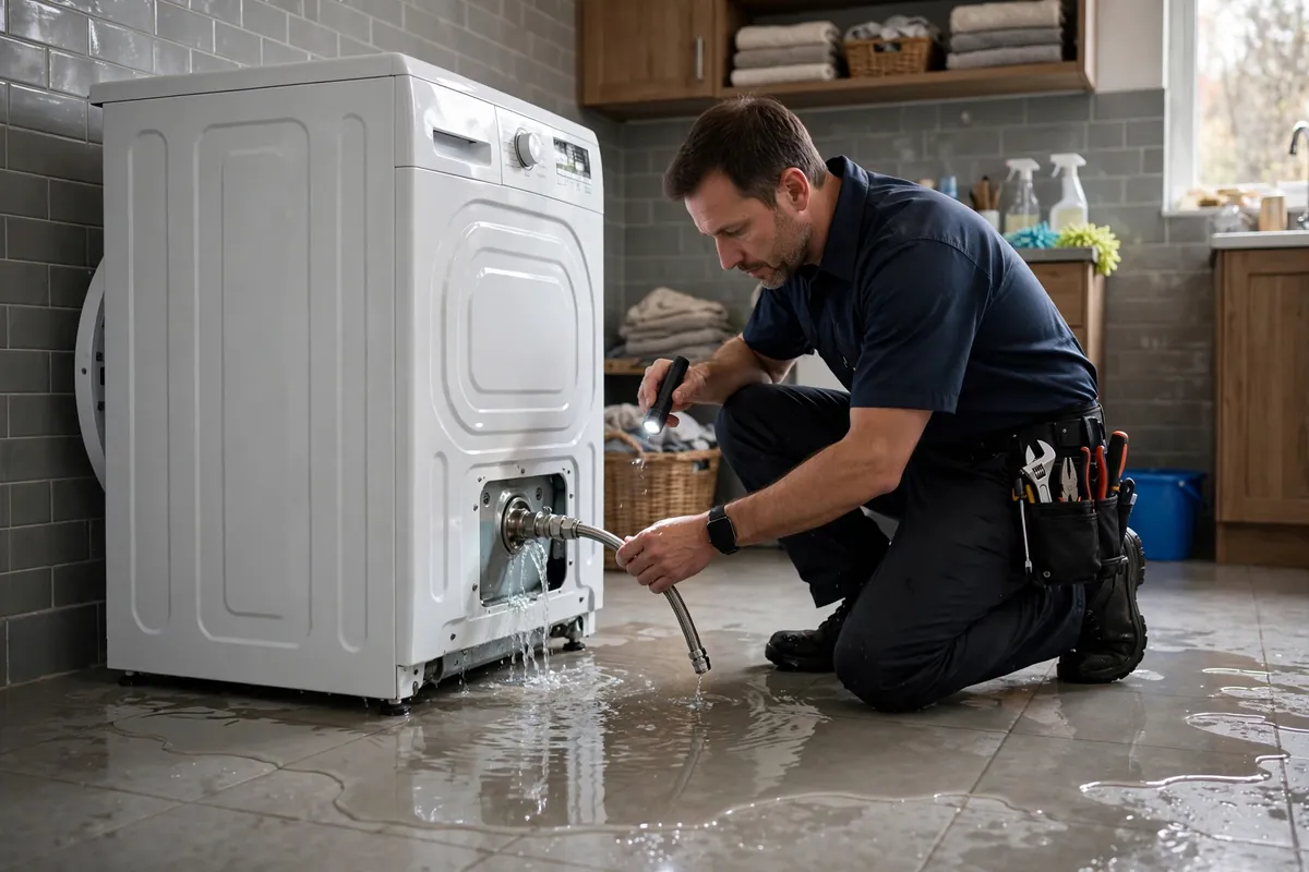 Technician inspecting a leaking washing machine with water pooling on a laundry room floor