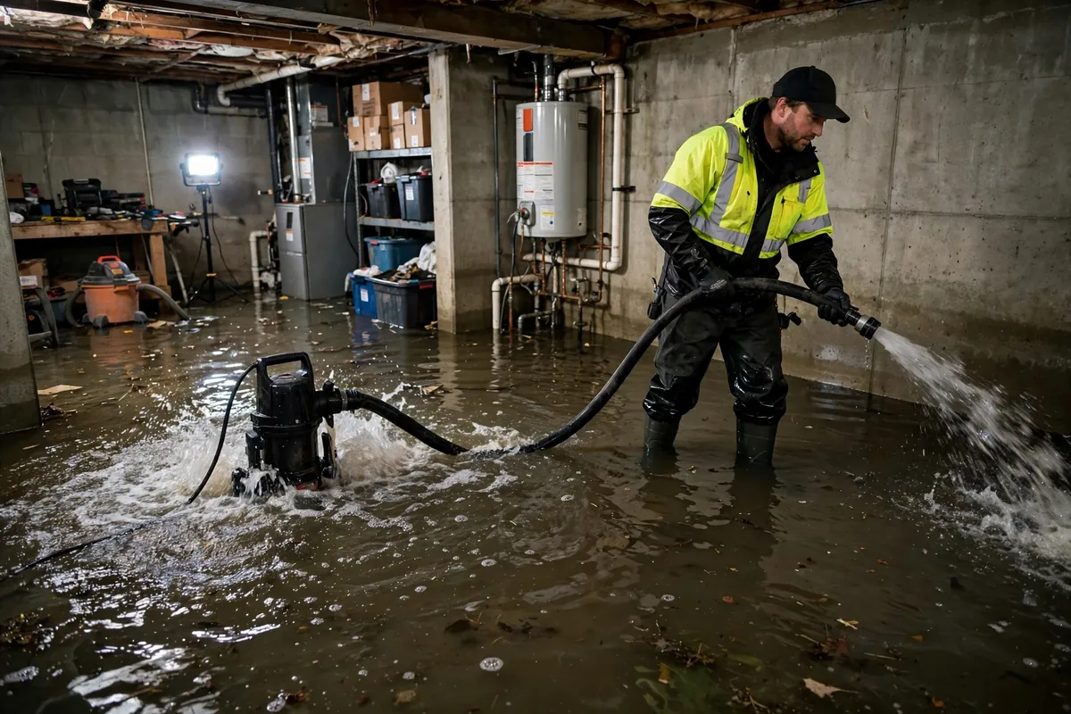Submersible pump removing standing water from a flooded basement in Hollywood, FL