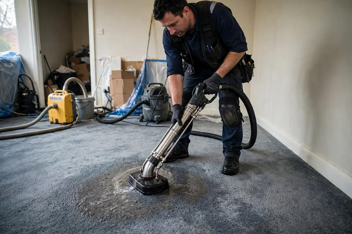 Technician extracting water from soaked wall-to-wall carpet with professional extraction equipment