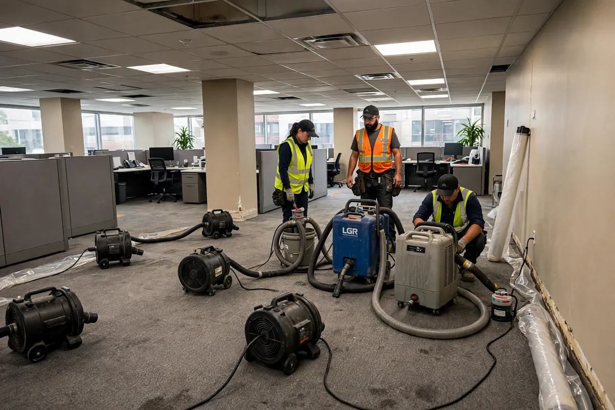Commercial office space with air movers and dehumidifiers drying water-damaged carpet