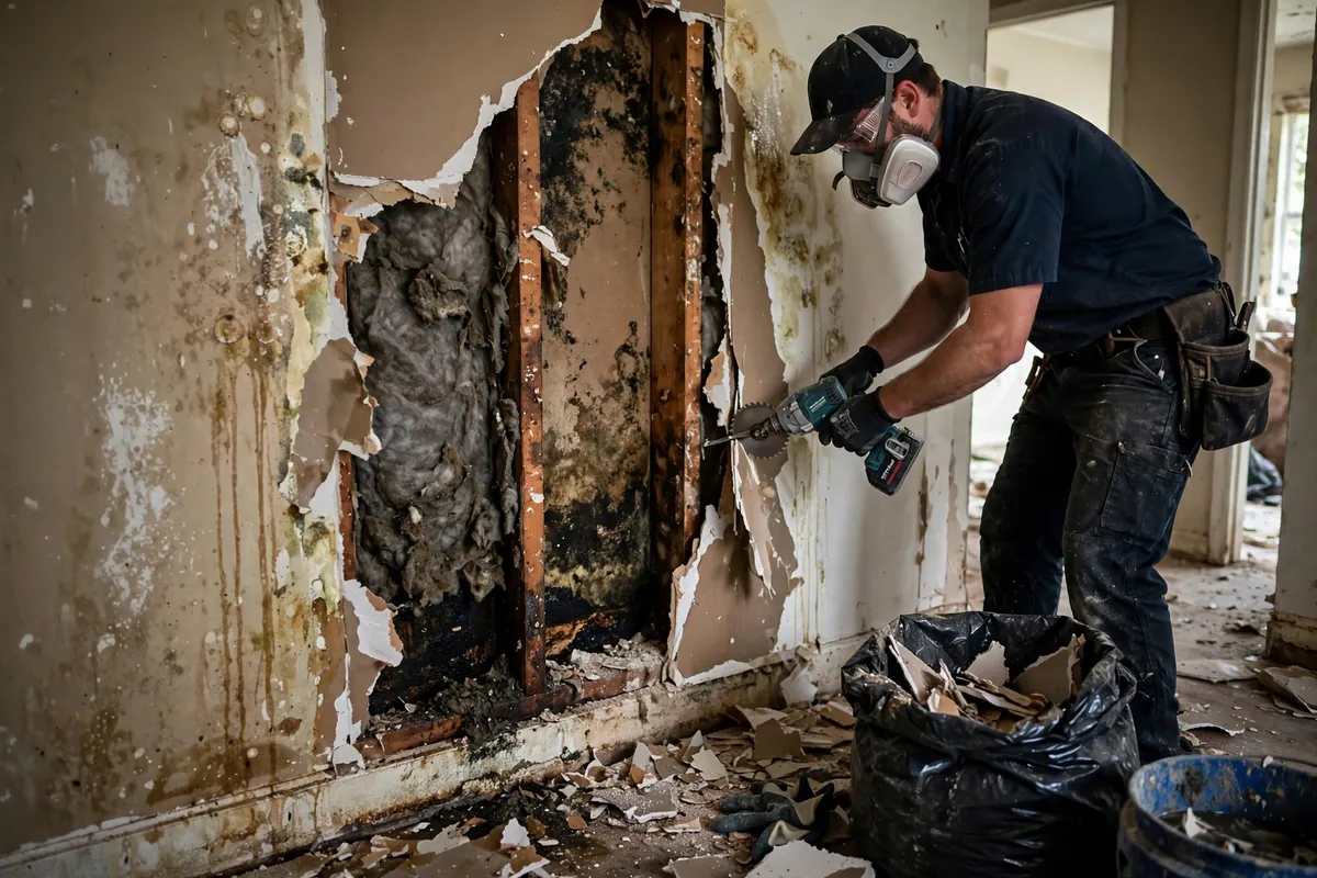 Restoration worker cutting out water-damaged interior drywall in Hollywood, FL