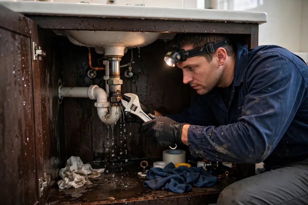 Plumber repairing a leaking pipe joint under a bathroom sink in Hollywood, FL