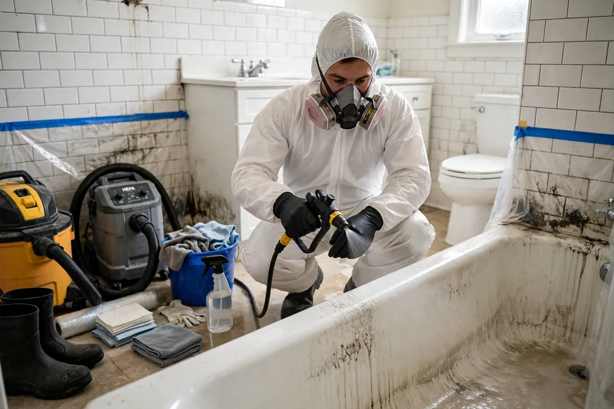 Certified technician in protective gear sanitizing a bathroom after a sewage backup