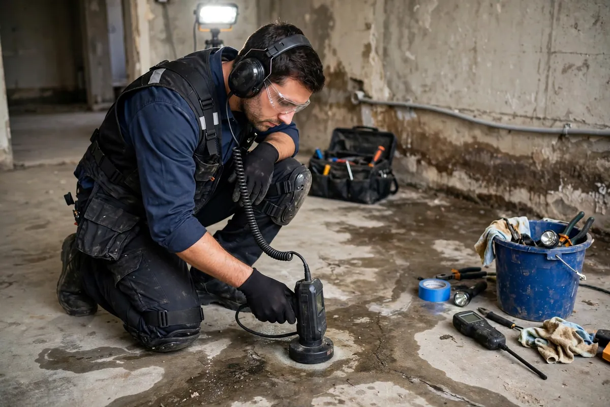 Technician using acoustic leak detection equipment on a concrete slab to locate a hidden slab leak