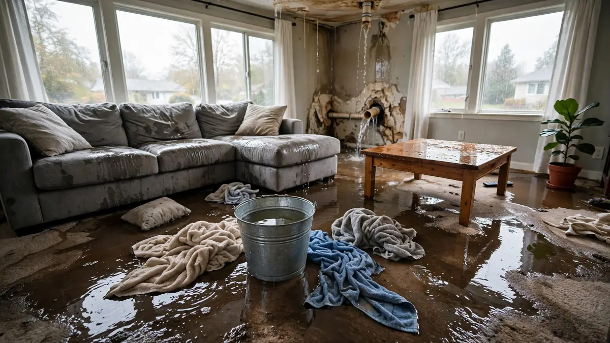 Living room with soaked carpet and puddles after a pipe leak